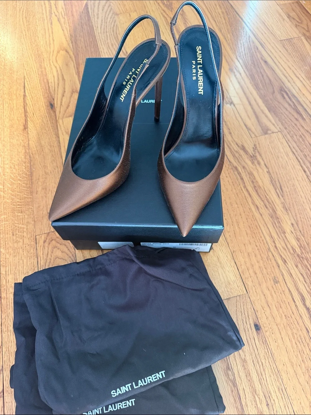 Saint Laurent silk satin Brown Pointed Zoé Slingback Pumps NEW
